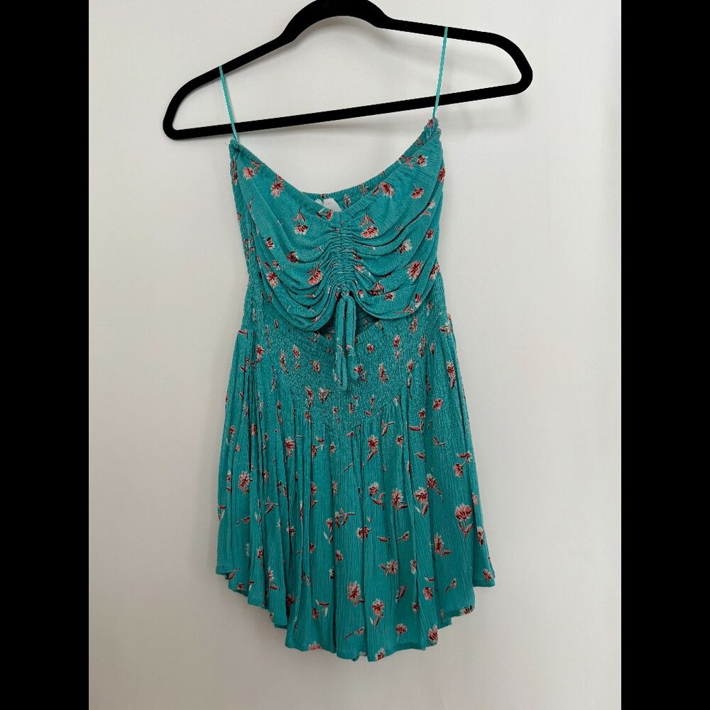 Skylar & Madison Strapless Printed Romper Skirwith Cutout, Blue and Pink, Medium